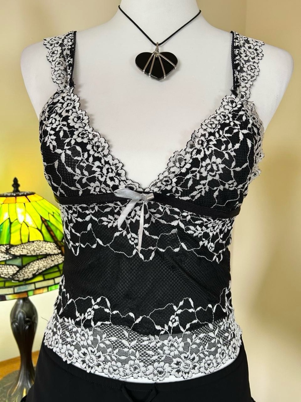 Y2K black lace top with white floral lace trim and little bow